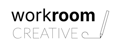The logo for workroom creative is black and white.
