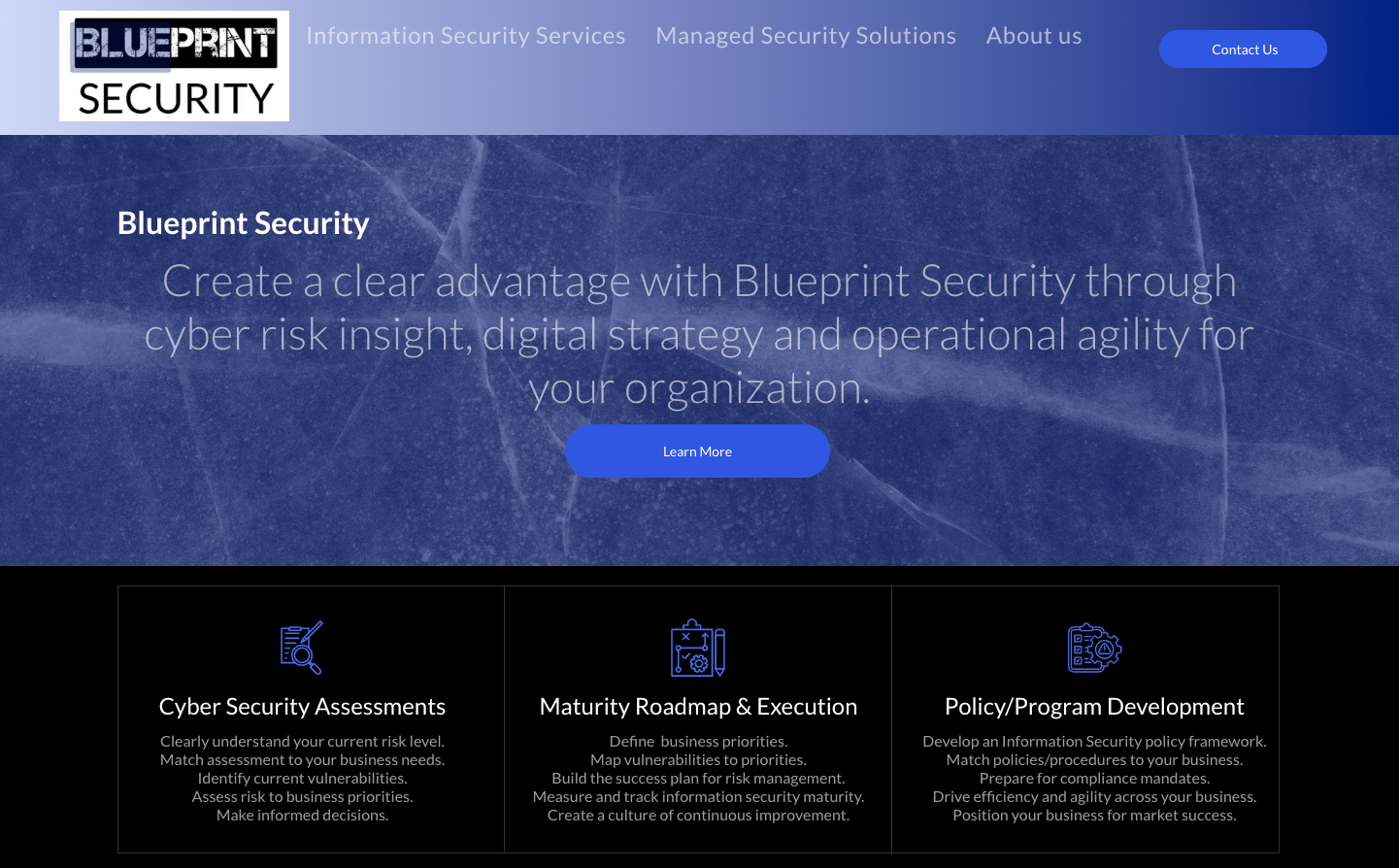 Blueprint Security website homepage featuring blue gradient background and service descriptions.