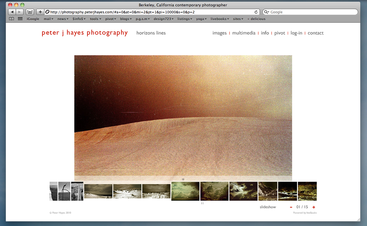 Website with a tan, grainy image of a landscape; a white bar below displays smaller thumbnails of other landscape photos.