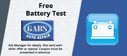 Coupon for a free battery test at Gab's Auto Repair. Features a battery icon and company logo.
