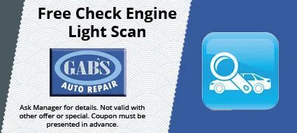 Coupon for a free check engine light scan at Gab's Auto Repair.  Blue logo with text, white car, and blue background.