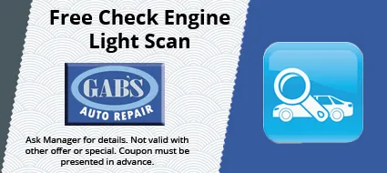 A Gabs Auto Repair coupon for a free check engine light scan. Features a magnifying glass over a car icon on a blue background.