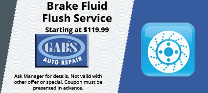 Coupon for brake fluid flush service from Gab's Auto Repair, starting at $119.99, featuring a blue brake rotor graphic.