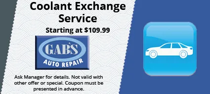A Gab's Auto Repair coupon for a Coolant Exchange Service starting at $109.99, featuring a blue car icon.