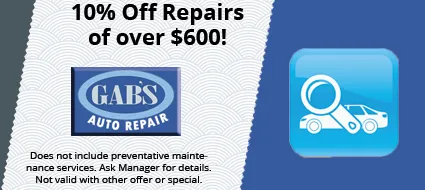 10% off auto repairs over $600; GABS Auto Repair logo with blue car icon on blue background
