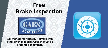 Free brake inspection ad with Gabs Auto Repair logo and blue brake icon on a dark blue background