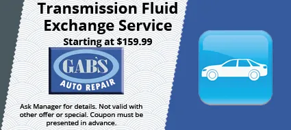 Coupon for brake fluid flush service from Gab's Auto Repair, starting at $119.99, featuring a blue brake rotor graphic.