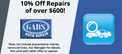 gab 's auto repair is offering a 10 % off repairs of over $ 600 .