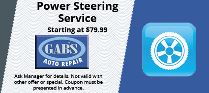 A coupon for a power steering service at gabs auto repair