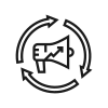 A white icon of a megaphone surrounded by arrows on a black background.