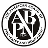 The american board of psychiatry and neurology logo is black and white.