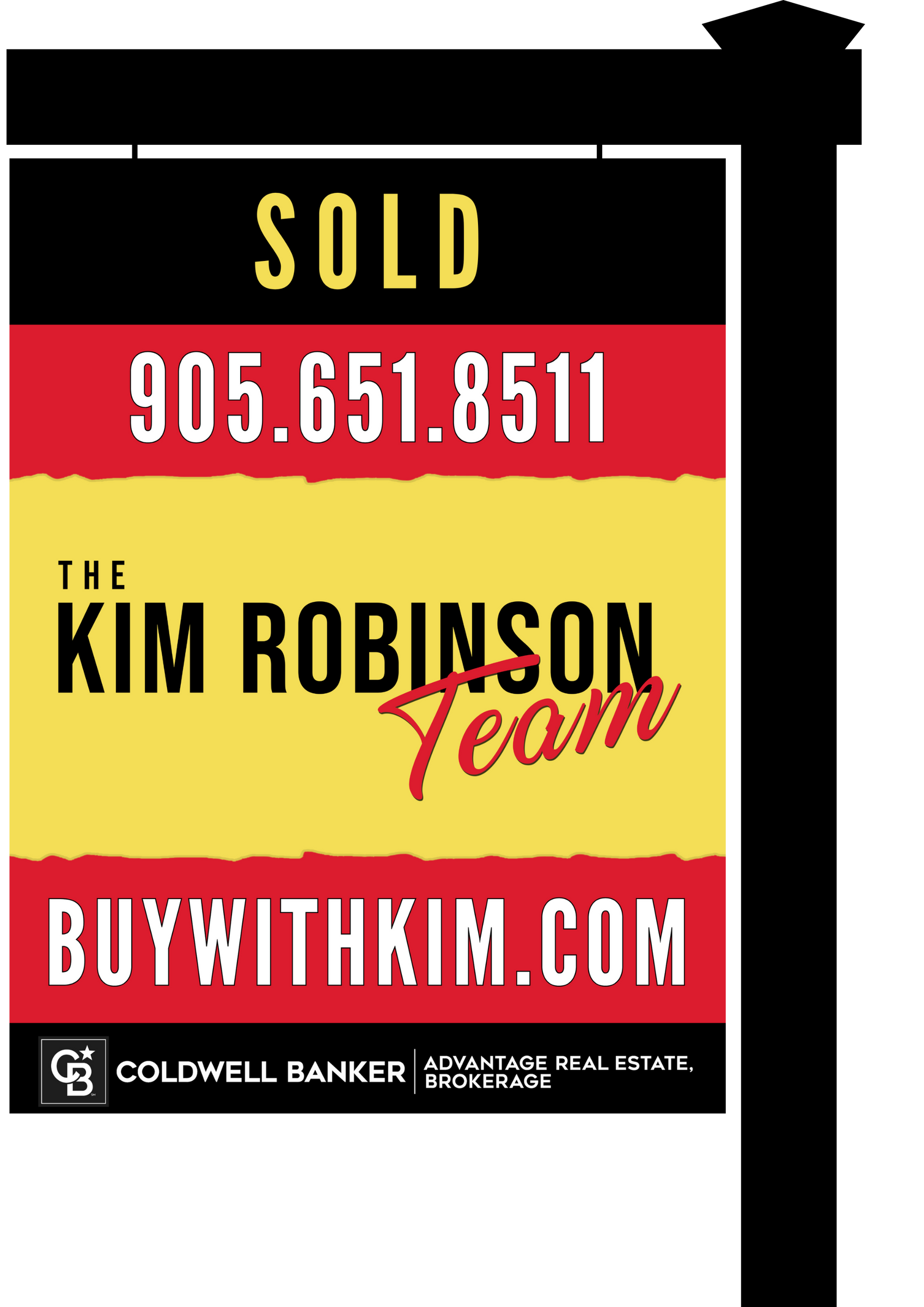 A prominently displayed red and yellow real estate sign from The Kim Robinson Team, standing tall with 'SOLD' proudly marked, showcasing their exceptional visibility and successful property listings. The sign features all contact details for the team, offering a direct link to their services and expertise.