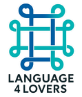 Logo of "Language 4 Lovers": interlocking blue and teal loop design; text beneath.