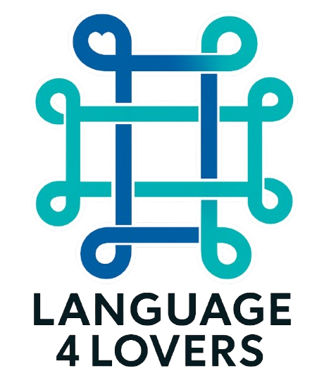 Logo of "Language 4 Lovers": interlocking blue and teal loop design; text beneath.