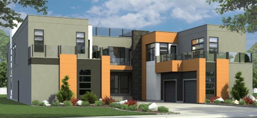 Modern two-story house with orange accents, gray walls, glass railings, and a two-car garage. Landscaping in the front.