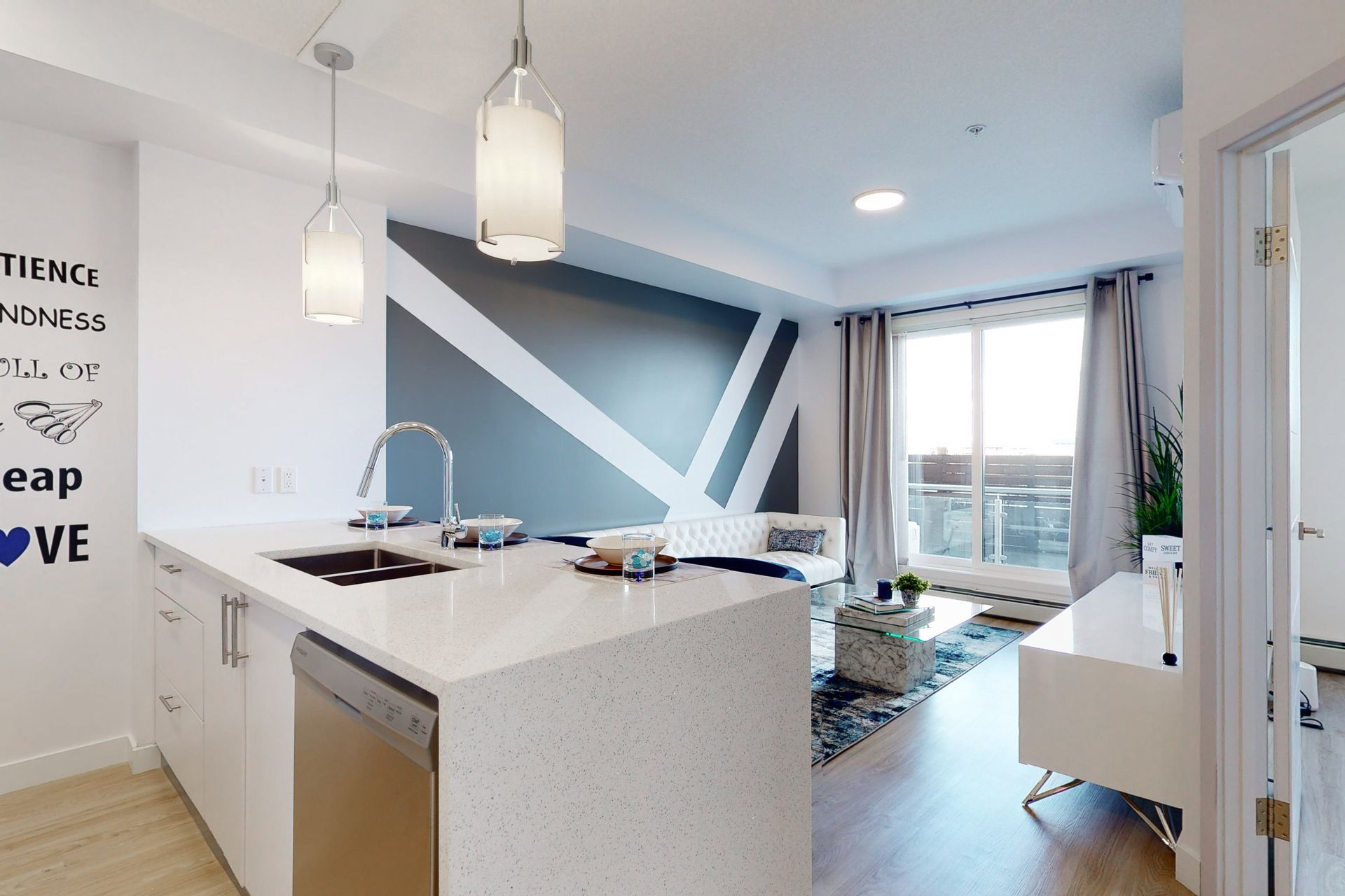 A 3d model of a kitchen and living room in a house