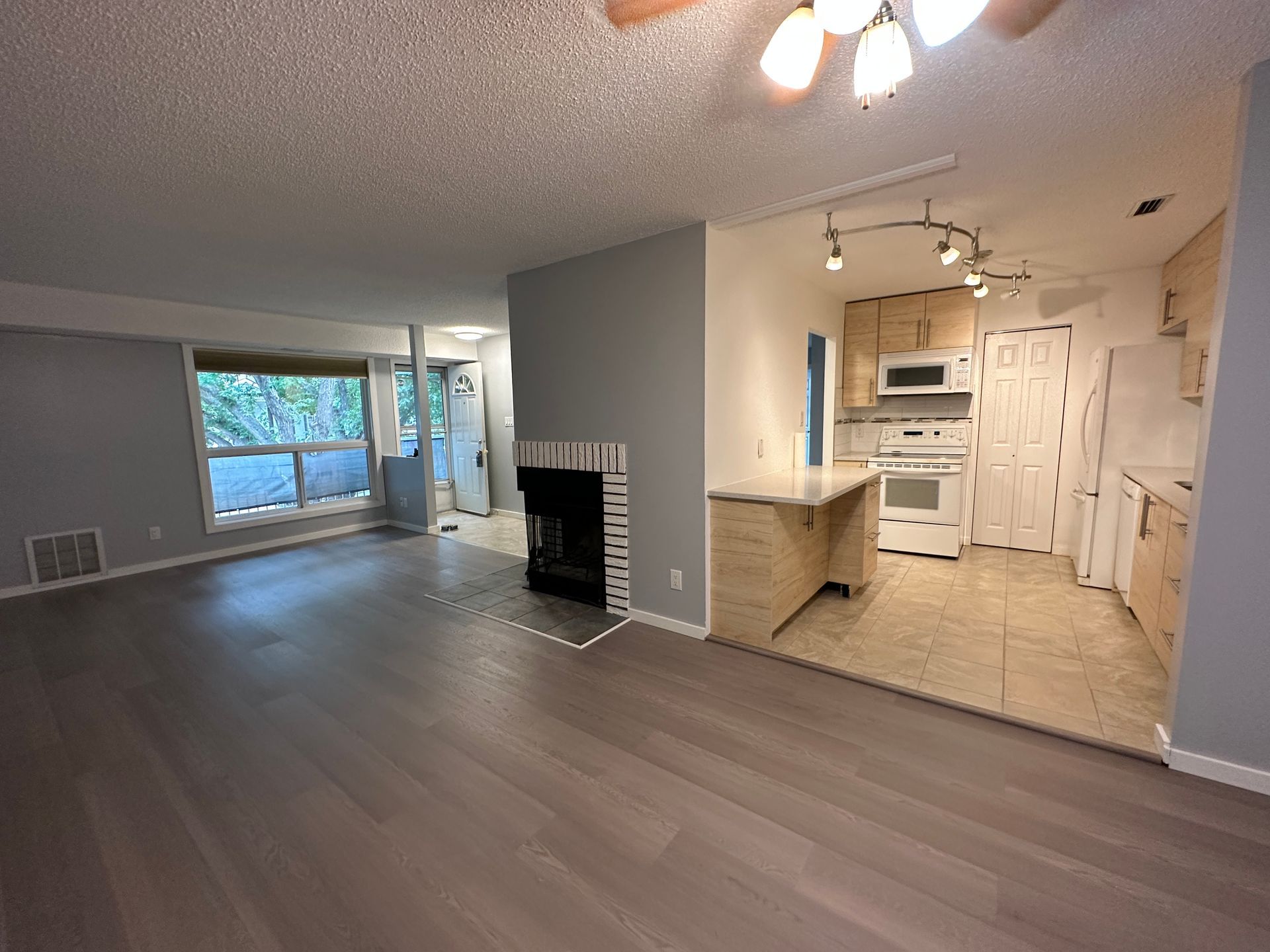 Living room with gray walls, fireplace, kitchen with light wood cabinets, and a view of the outdoors.