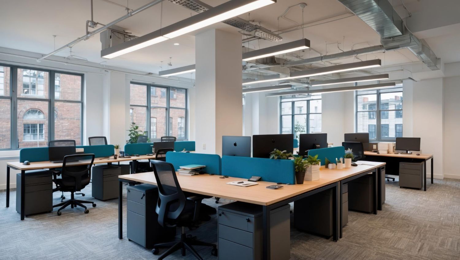 Open-plan office with desks, computers, and black chairs in a bright modern workspace