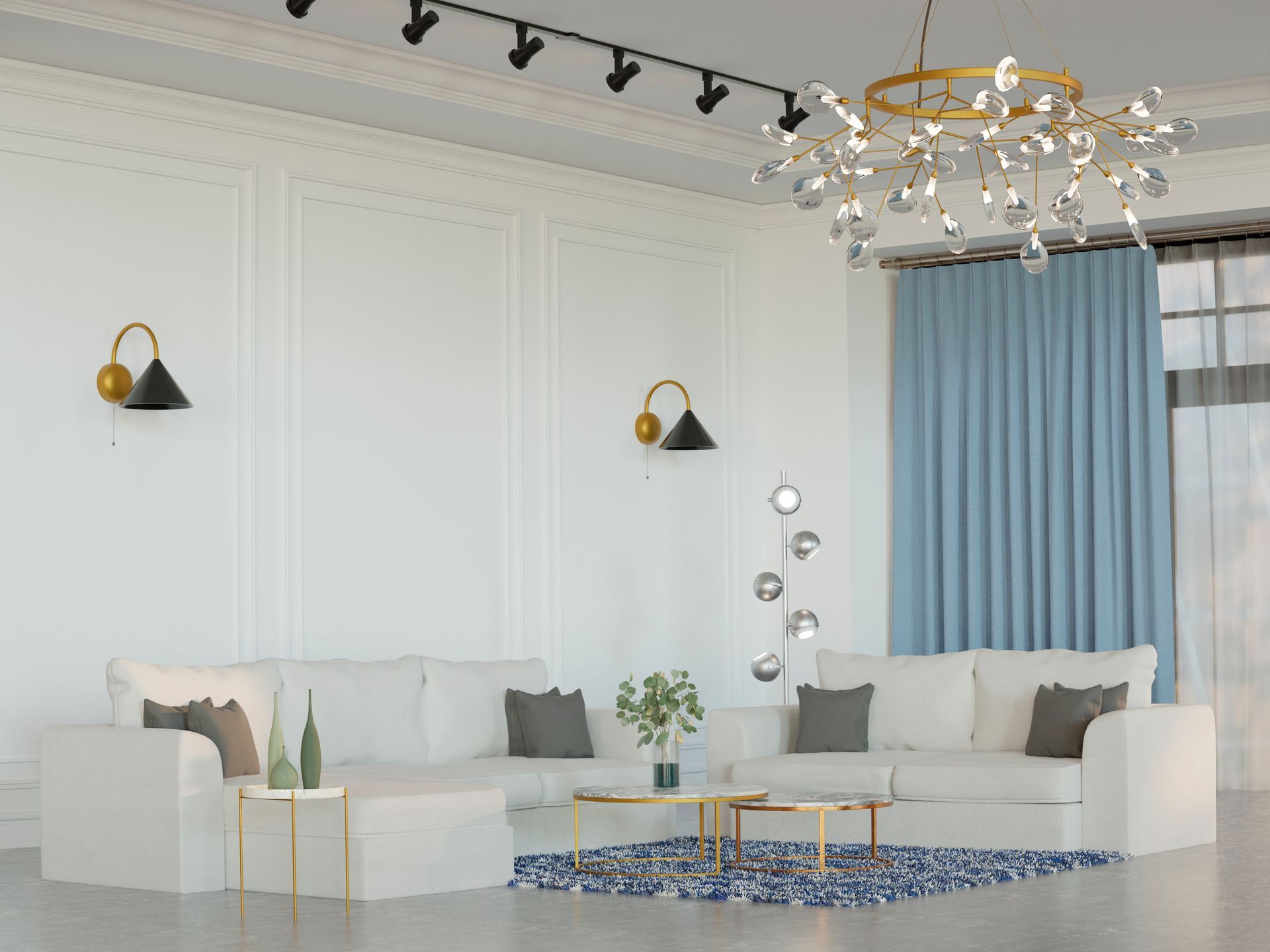 A living room with a couch , chairs , tables and a chandelier.
