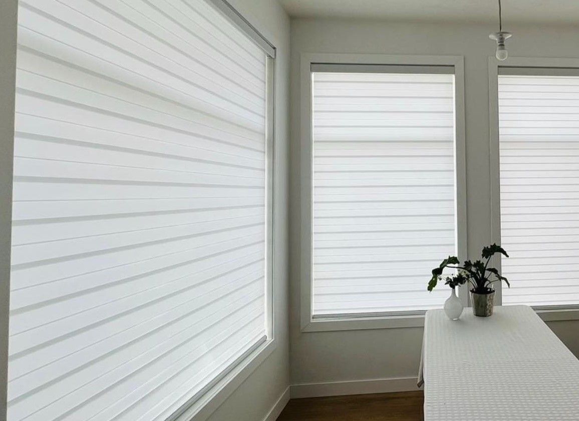 White roller blinds partially cover windows in a room with a table, plant, and white walls.