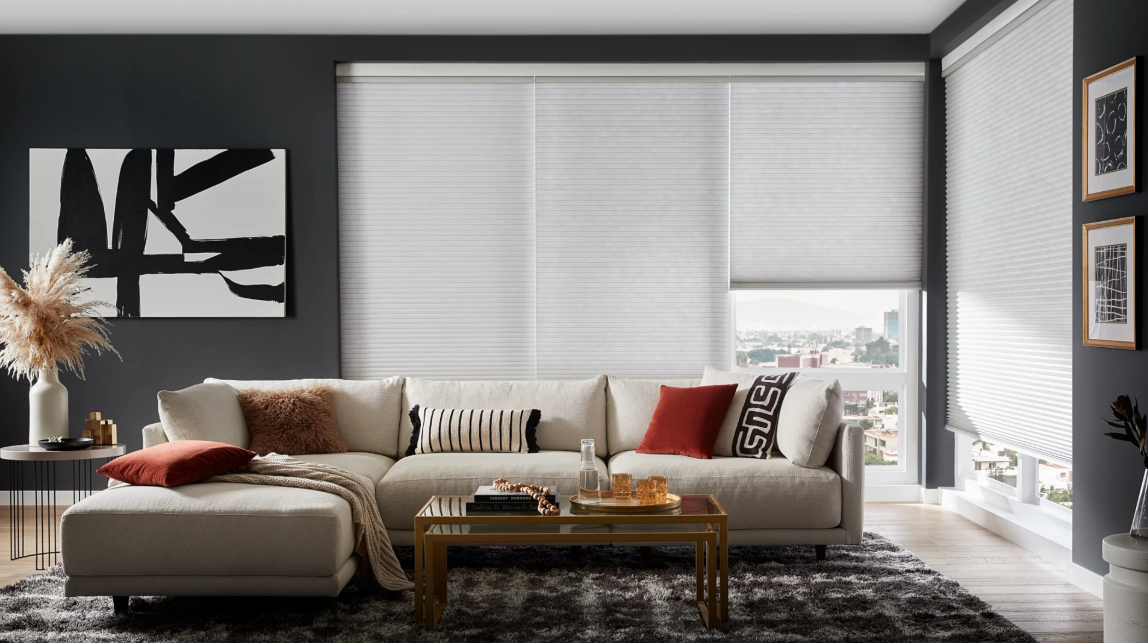 Living room with sofa, coffee table, artwork, and sheer white blinds.