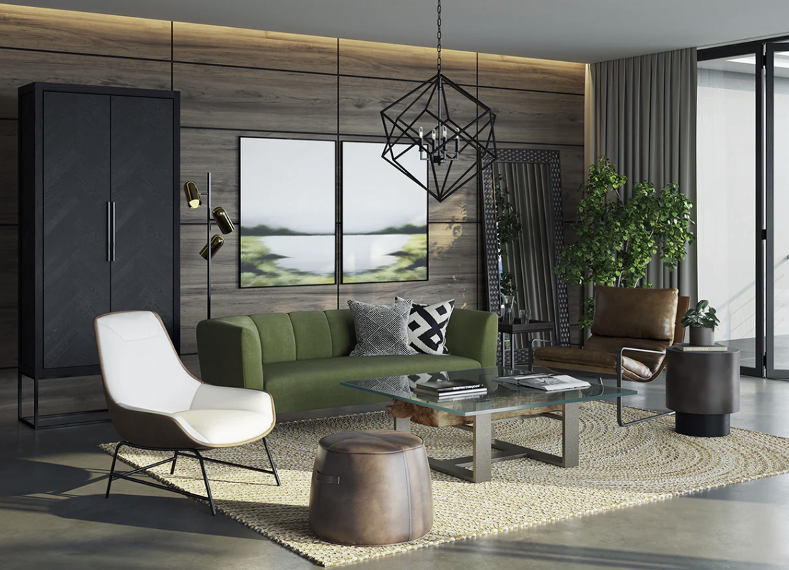 A living room filled with furniture and a green couch.