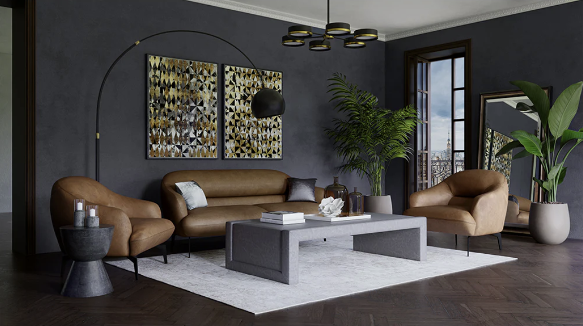 A living room with a couch , chairs , coffee table and plants.