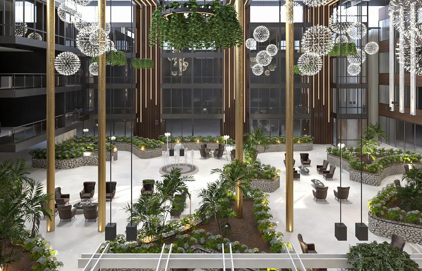 A large building with a lot of plants and chairs