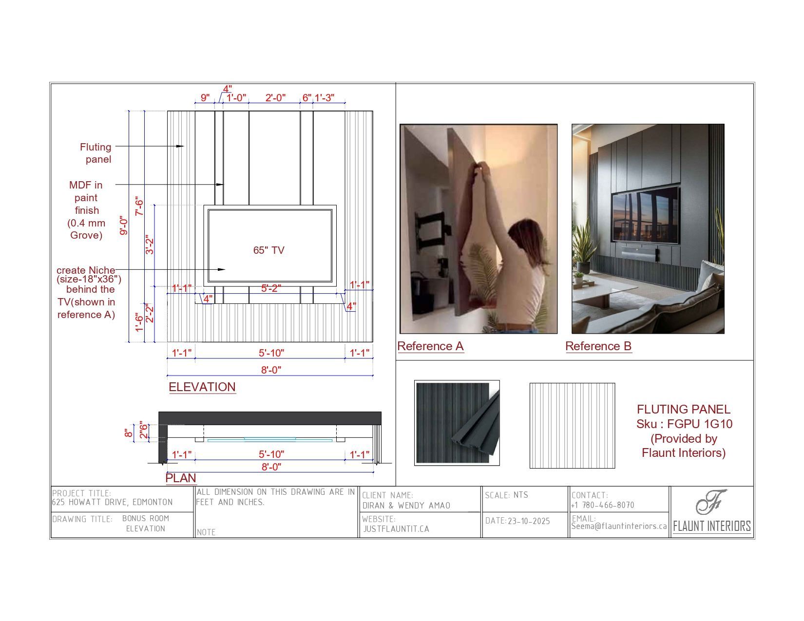 Architectural drawings of a media center with dimensions, plus reference photos of the design.