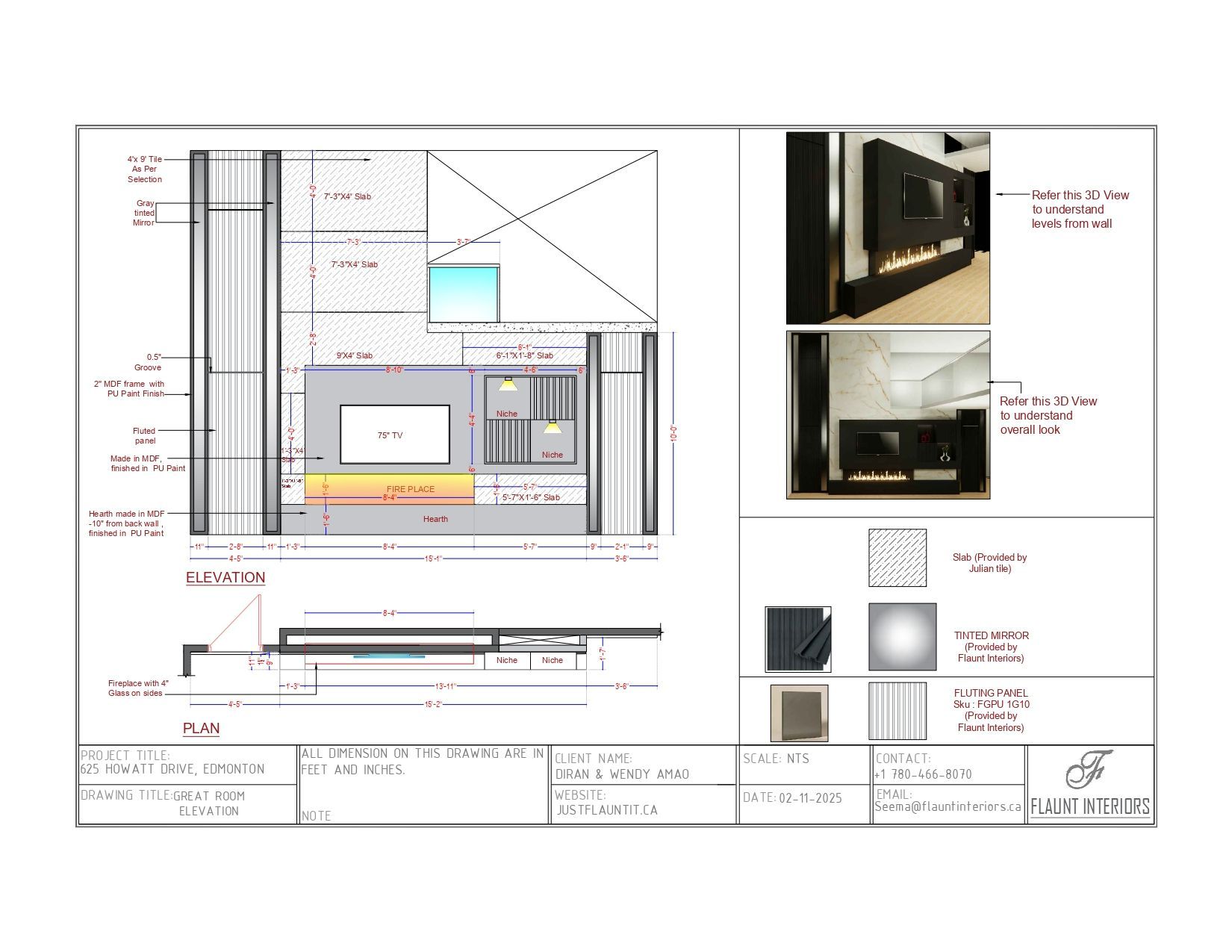 Architectural drawing: fireplace design with material samples and photos.
