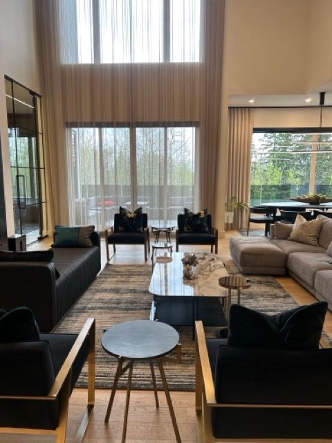 A living room with a lot of furniture and a large window