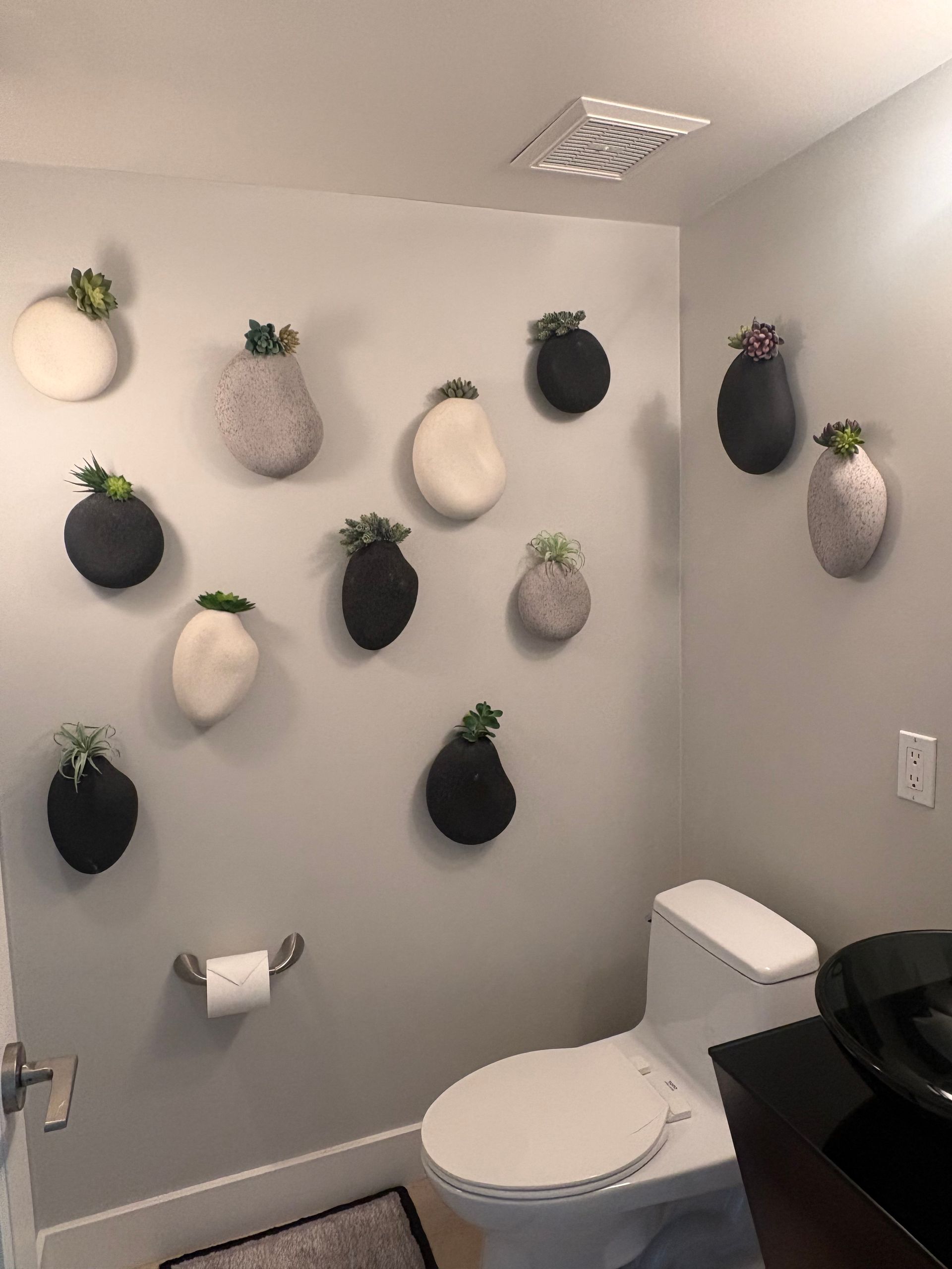 Bathroom with gray walls, white toilet, and several hanging planters with greenery.