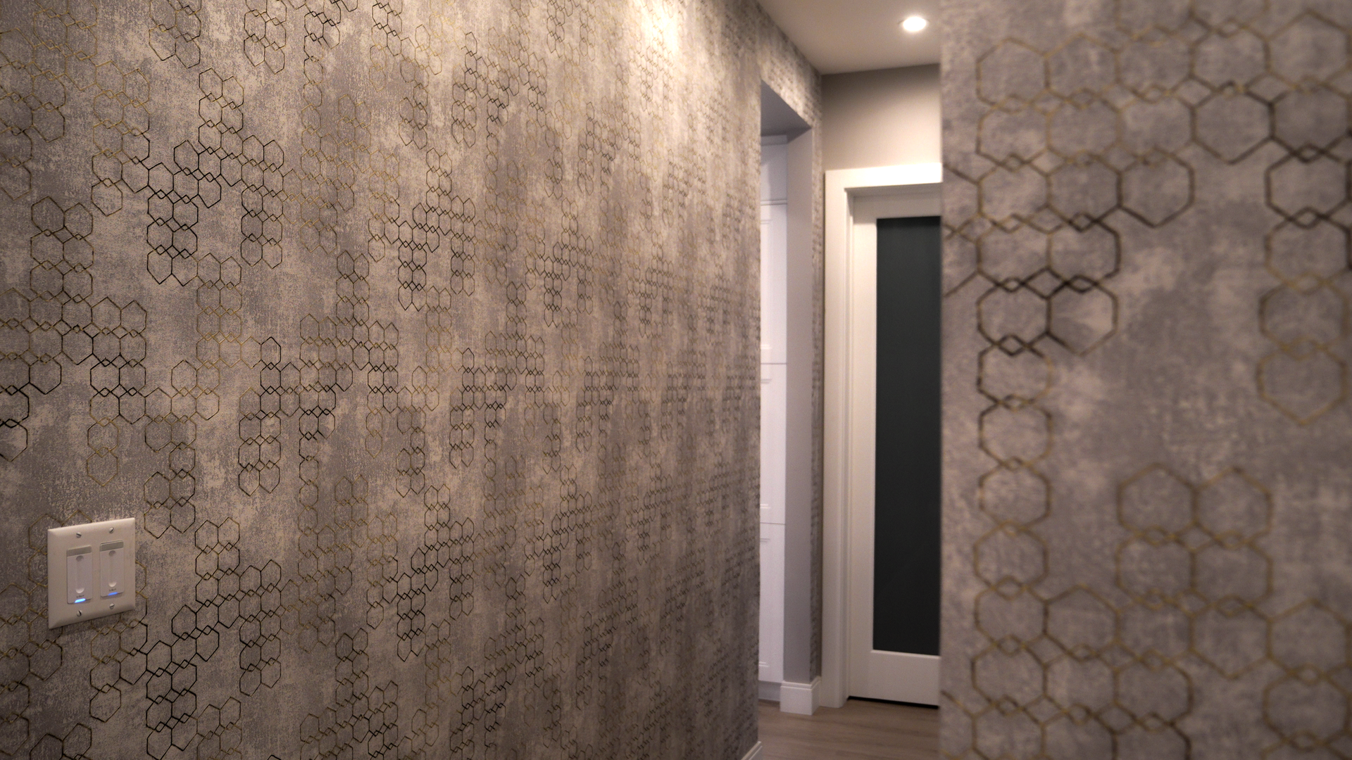 A hallway with a door and a wall with a pattern on it.