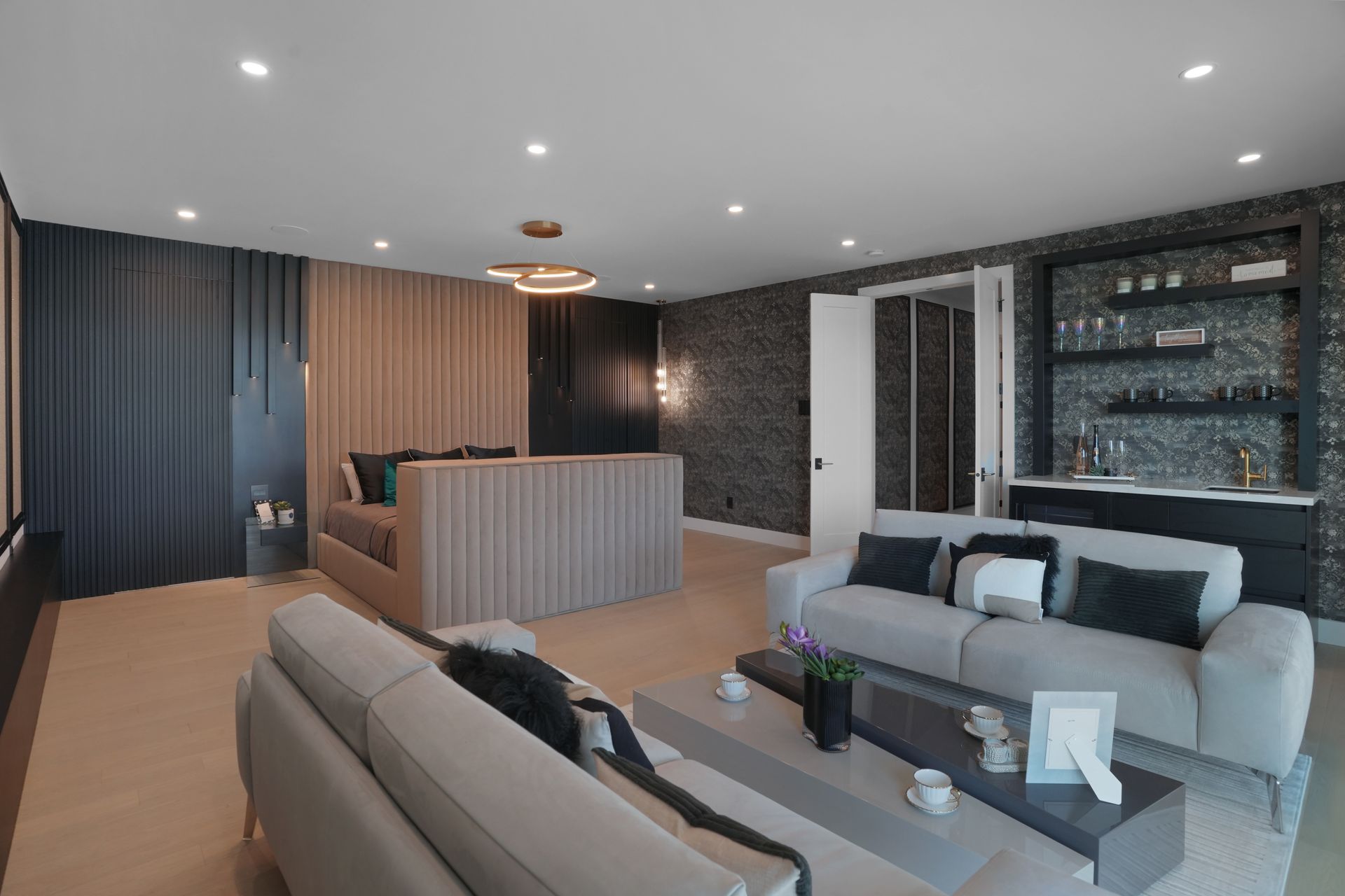 A living room with a couch and a coffee table