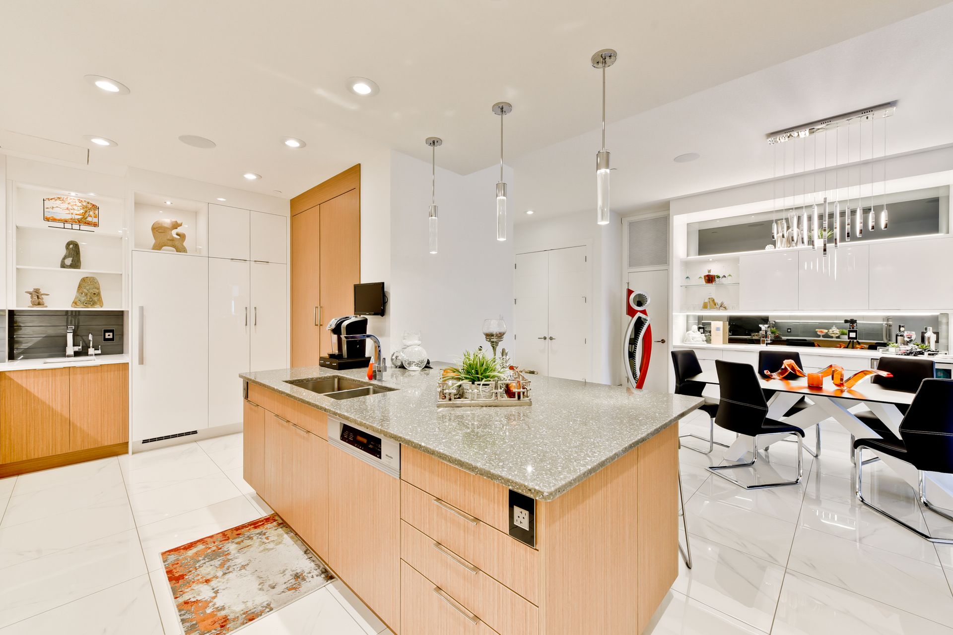 There is a large island in the middle of the kitchen.