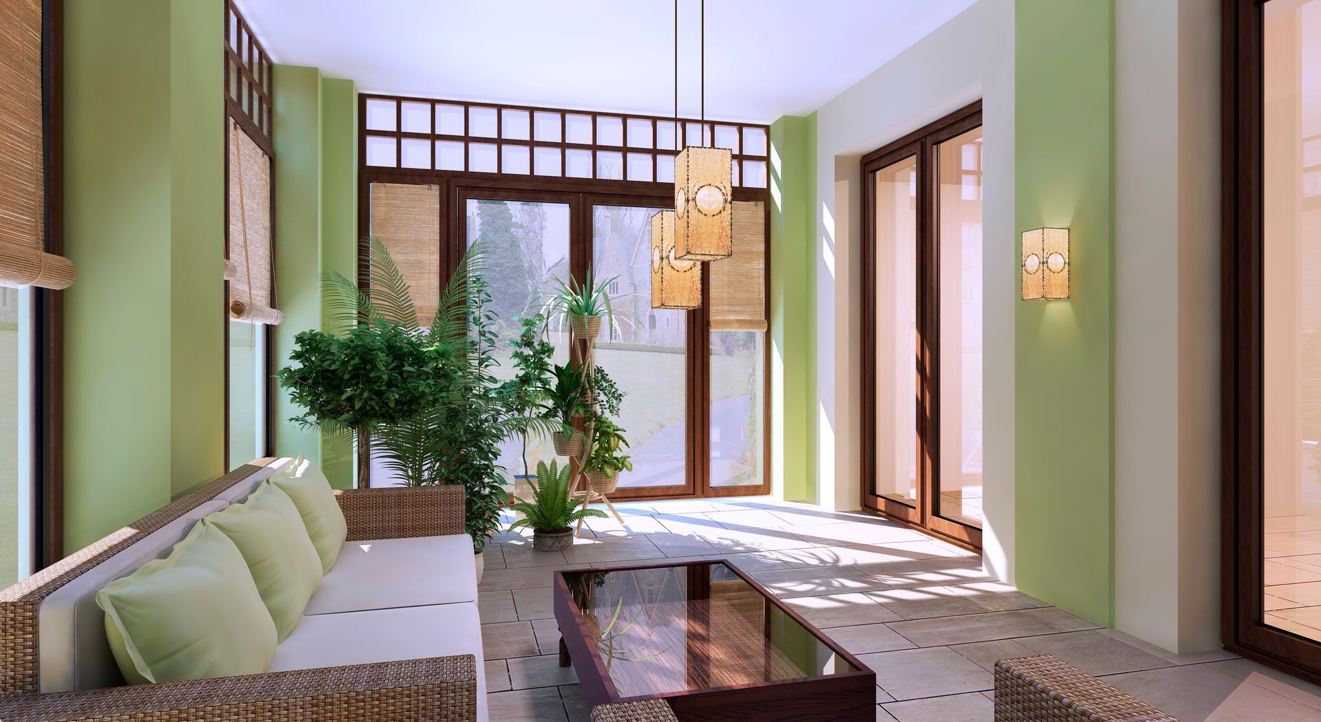 Bright living room with green walls, large windows, potted plants, and a wicker sofa with cushions.
