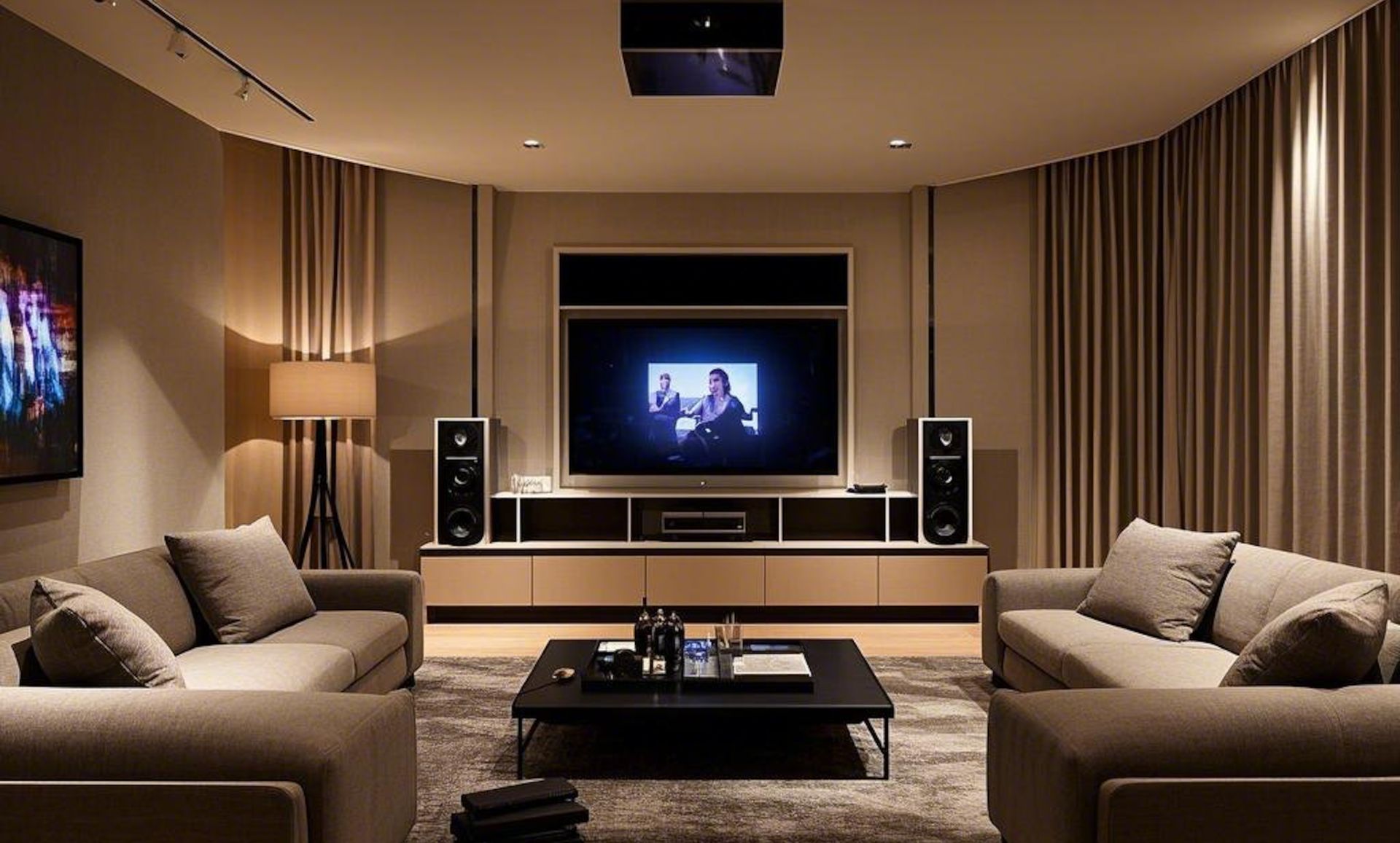 Modern home theater with beige sofas, wall-mounted TV, speakers, and warm ambient lighting