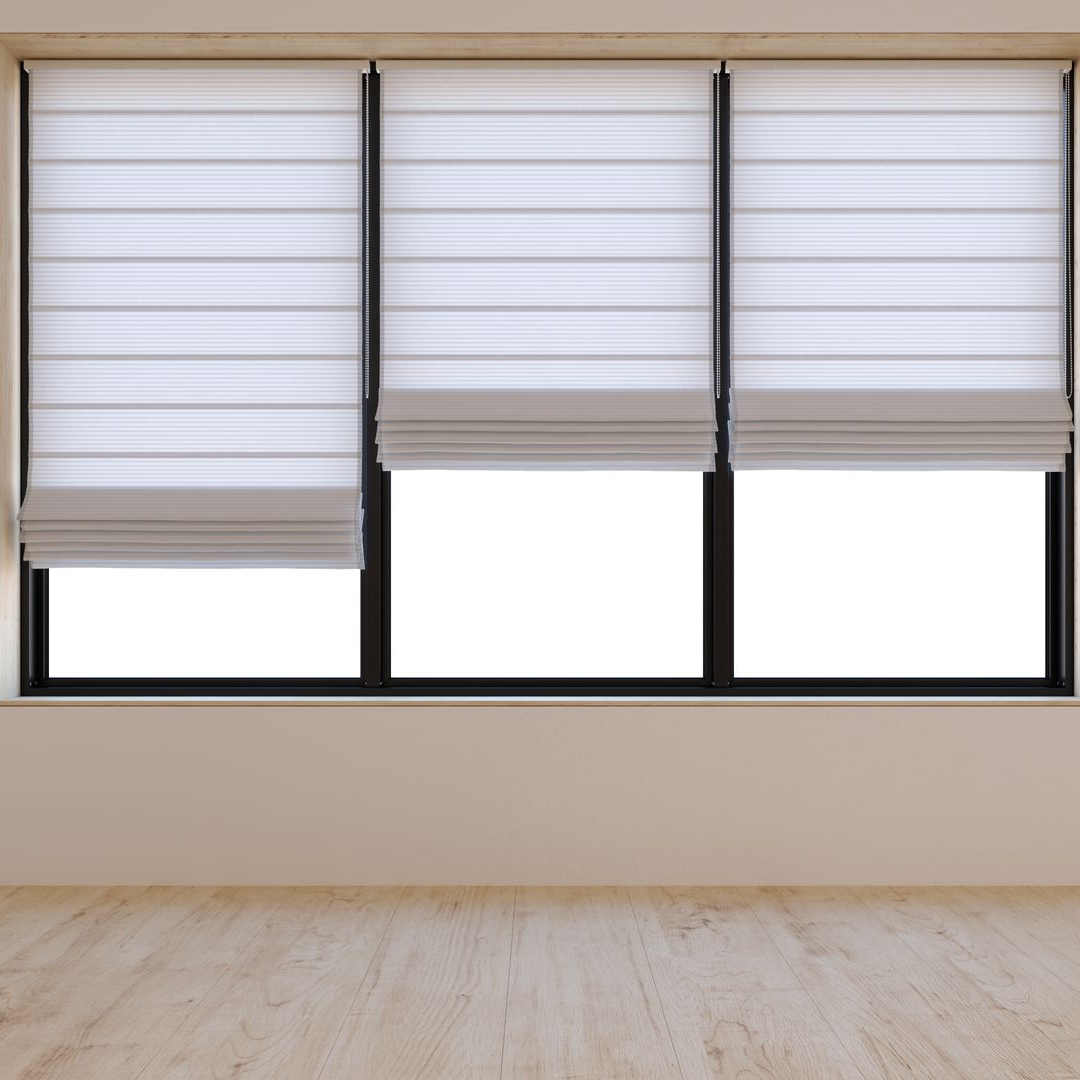 Three windows with white Roman shades. Light wood floors, beige wall.