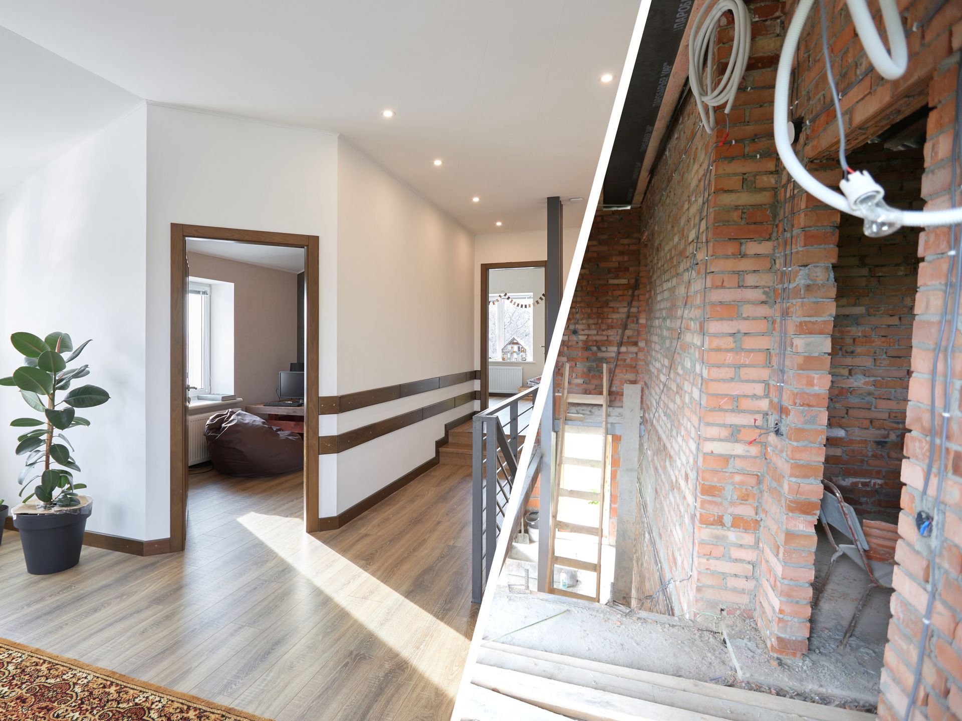 Bright hallway with wood floor, brick wall, and open doorway to a bedroom; potted plant by the window.