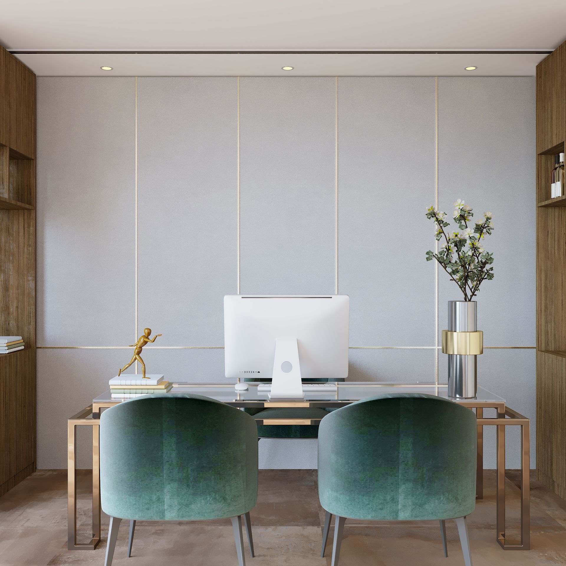 A home office with two green chairs and a desk with a computer on it