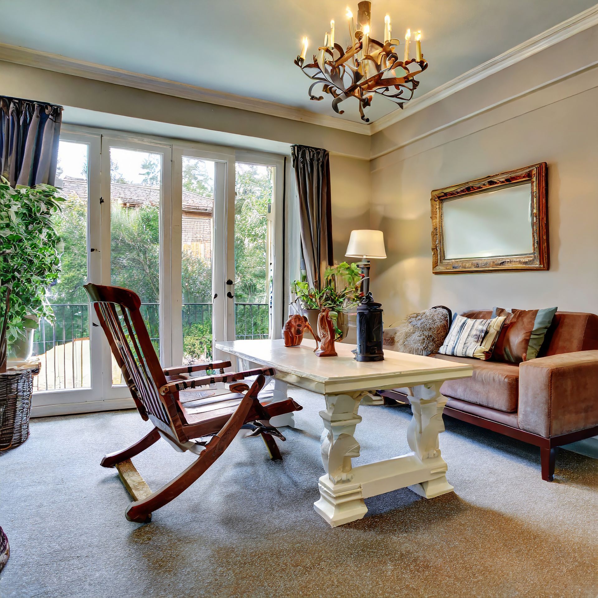 A living room with a couch a chair and a coffee table
