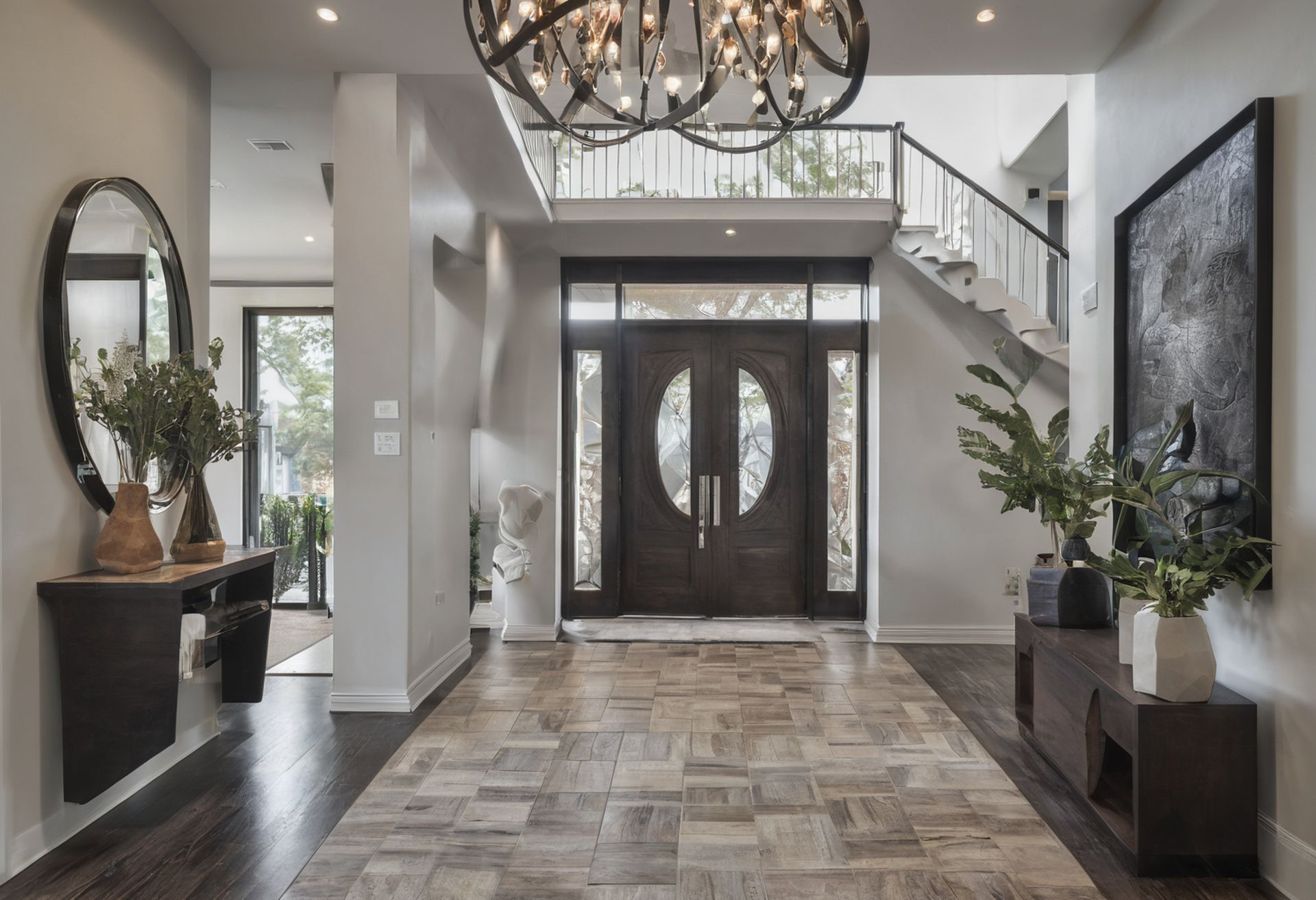 Elegant foyer with double front doors, chandelier, staircase, and decorative plants on side tables