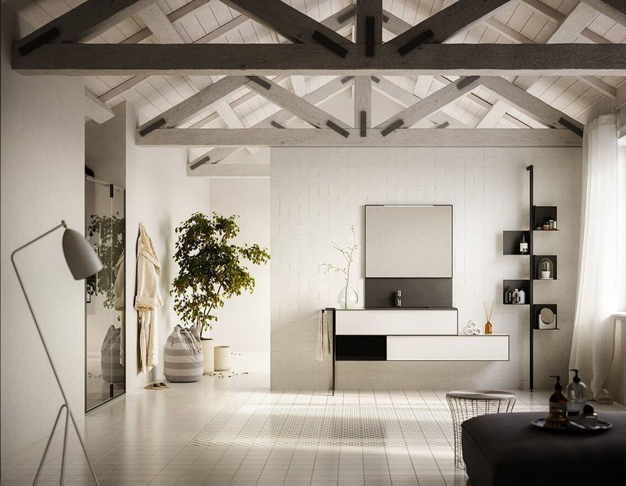 Un bagno con un lavandino e uno specchio