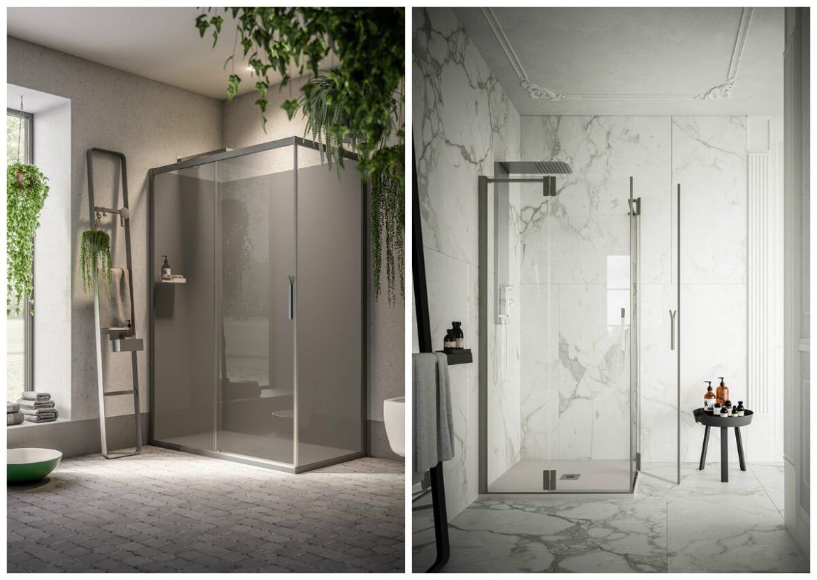 Un collage di due foto di una doccia e di un bagno.