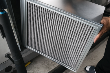 A person holds a rectangular, pleated metal air filter near an industrial unit.
