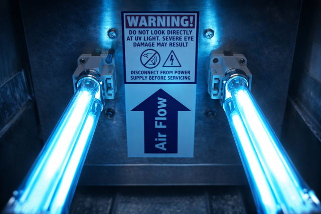 Two UV light lamps glow blue inside an HVAC unit above a warning sign about eye damage and an air flow arrow.