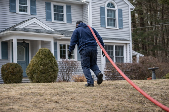 A person in a dark uniform carries a long red hose across the lawn toward a two-story gray house.