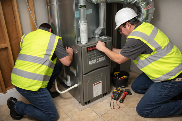Two technicians in high-visibility vests and safety gear kneel while repairing a furnace unit.