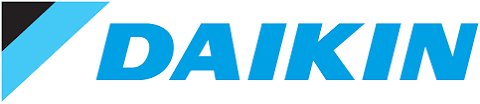 Logo Daikin: testo azzurro con un emblema stilizzato di forme nere e blu.