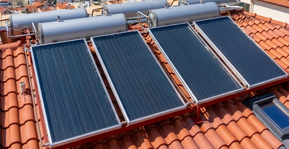 Tubi solari termici e pannelli fotovoltaici su un tetto di tegole in terracotta.